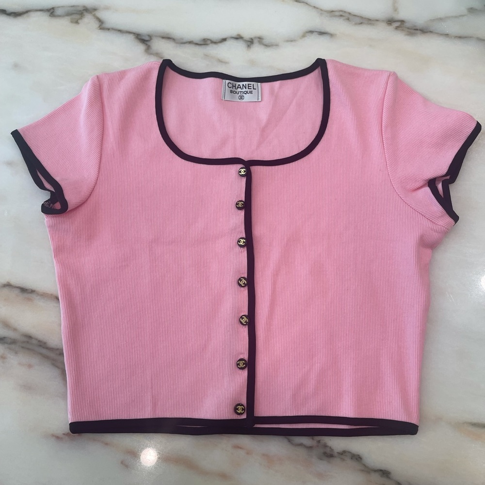 RARE Vintage Chanel Rib Pink Cardigan Crop Top